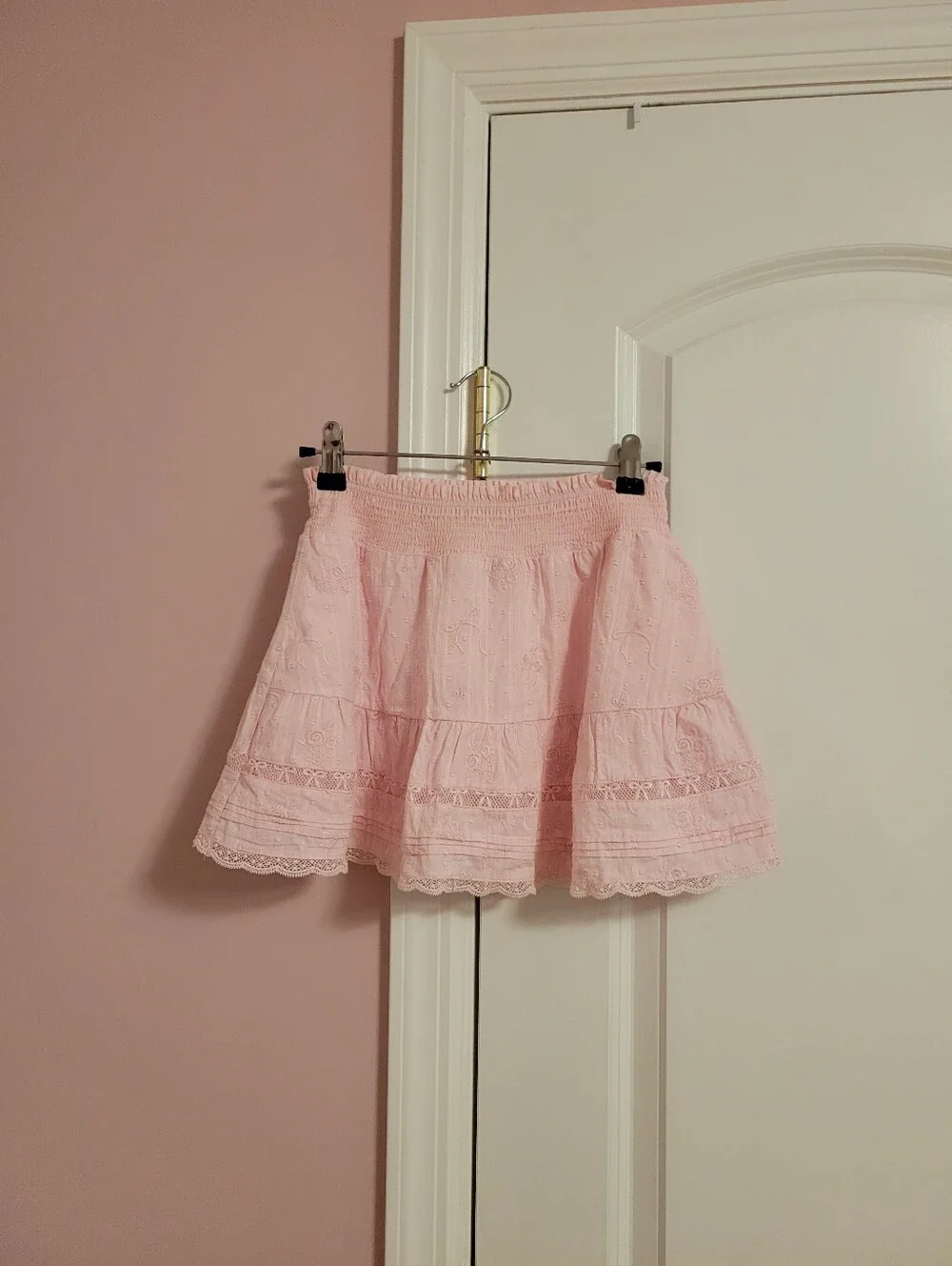 NWT LoveShackFancy Pink Eyelet Lace Tiered Mini Skirt Limited Edition 9 Coquette